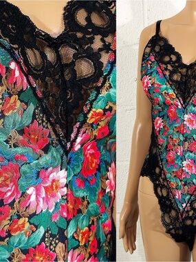 Vintage Floral & Black Lace Lingerie Teddy Bodysuit by Fiori Collezione 1990s